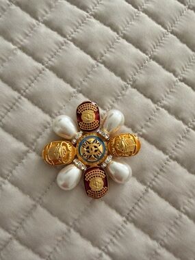 Gold-Tone Pearl and Enamel Floral Brooch with Navy Center